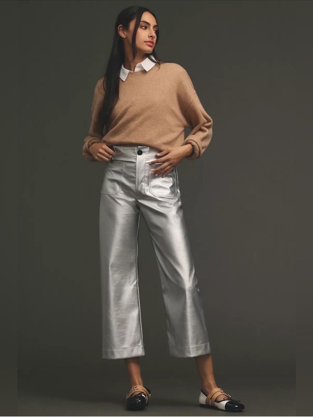 Anthropologie Maeve Pants Colette Cropped Wide Leg in Silver Faux Leather